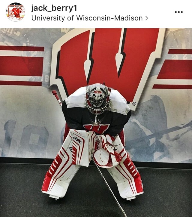 A photo of Wisconsin Badgers goalie Jack Berry wearing his new Brian's OPTIK pads