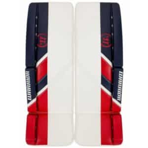 picture of warrior pro+ goalie pads red white and blue.