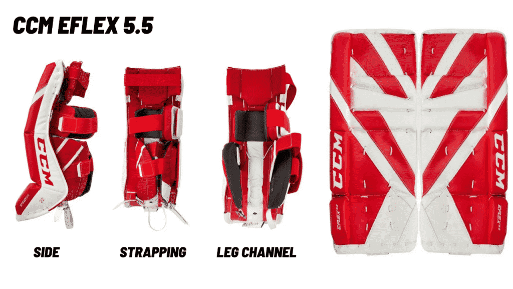 This photo displays the strapping, leg channel, side profile, and the front face of the CCM EFlex 5.5 Youth Goalie Pads
