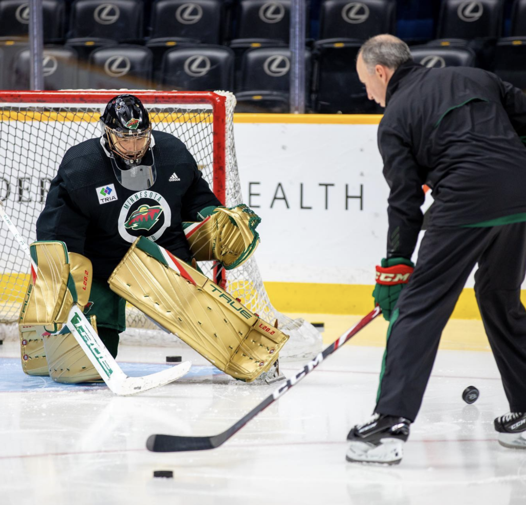 Photo shows Marc Andre Fleury in his new Minnesota Wild Pads