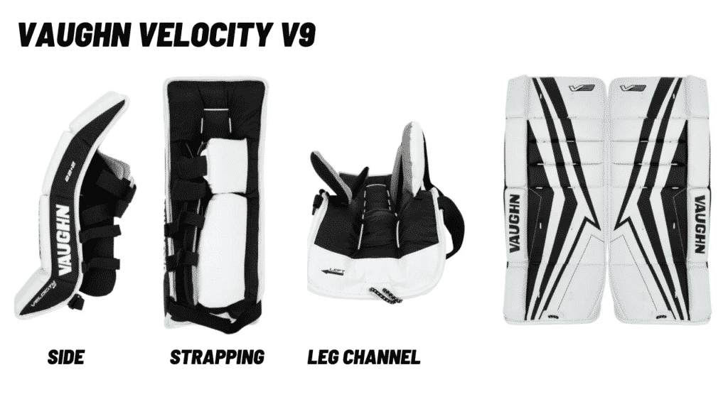 This photo shows the front face, leg channel, strapping, and side profile of the Vaughn Velocity V9 youth goalie pad.