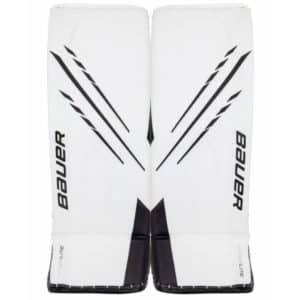 picture of bauer vapor hyperlite white and black goalie pads.