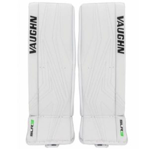 Picture of white vaughn ventus slr3 hockey goalie pads.